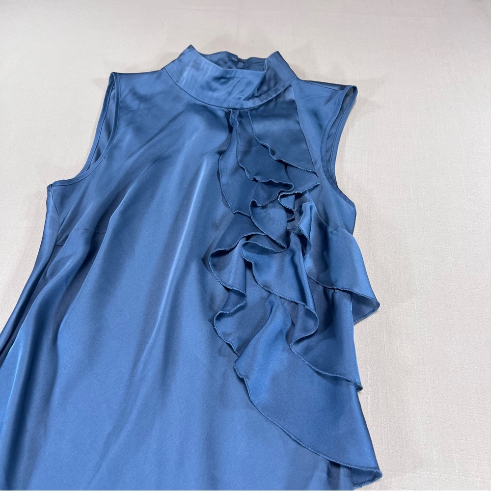Kenar Women’s M Blue Satin Ruffle Front Sleeveless Top Mock Neck Blouse - Picture 2 of 13